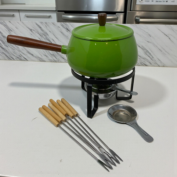 Vintage 1970's Avocado Green Fondue Pot Set 6 Forks Japan Mid Century Modern - Picture 1 of 13